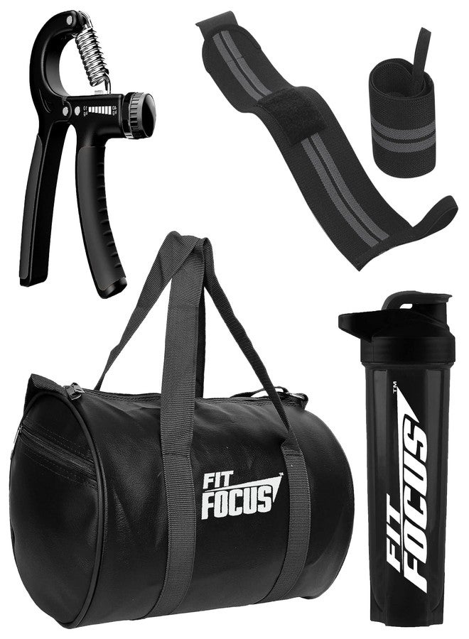 FIT FOCUS Gym Set with Duffle Bag, Hand Grip, Wrist Wraps, Protein Shaker Bottle|New 2025 Gym Combo Pack of 4 for Daily use Essential Products (Black) - Image 1