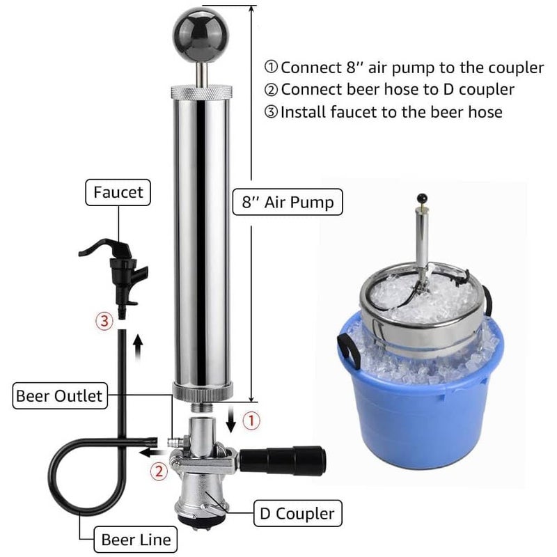 MRbrew 8" D-System Beer Tap Keg Pump - Chrome-Plated Party & Picnic Beer Pump Draft System with Beer Faucet, Hose & 2 Clamps Kegerator Compatible Homebrew Accessory - Image 2