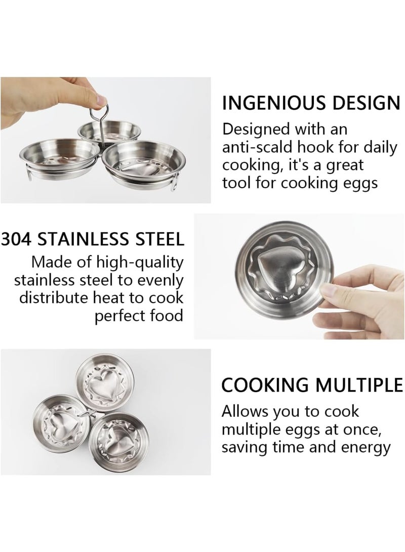 SYOSI Egg Poacher, Stainless Steel Poached Egg Cups 3 Eggs with Heart Shaped Design and Oil Brush, Non Stick Pan Insert for Easy Cooking, Perfect for Breakfast Brunch or Home Kitchen, Silver - Image 3