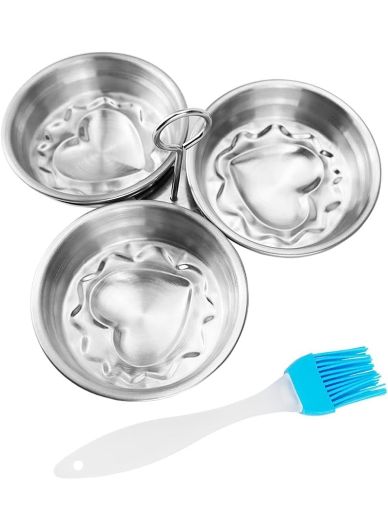 SYOSI Egg Poacher, Stainless Steel Poached Egg Cups 3 Eggs with Heart Shaped Design and Oil Brush, Non Stick Pan Insert for Easy Cooking, Perfect for Breakfast Brunch or Home Kitchen, Silver - Image 1