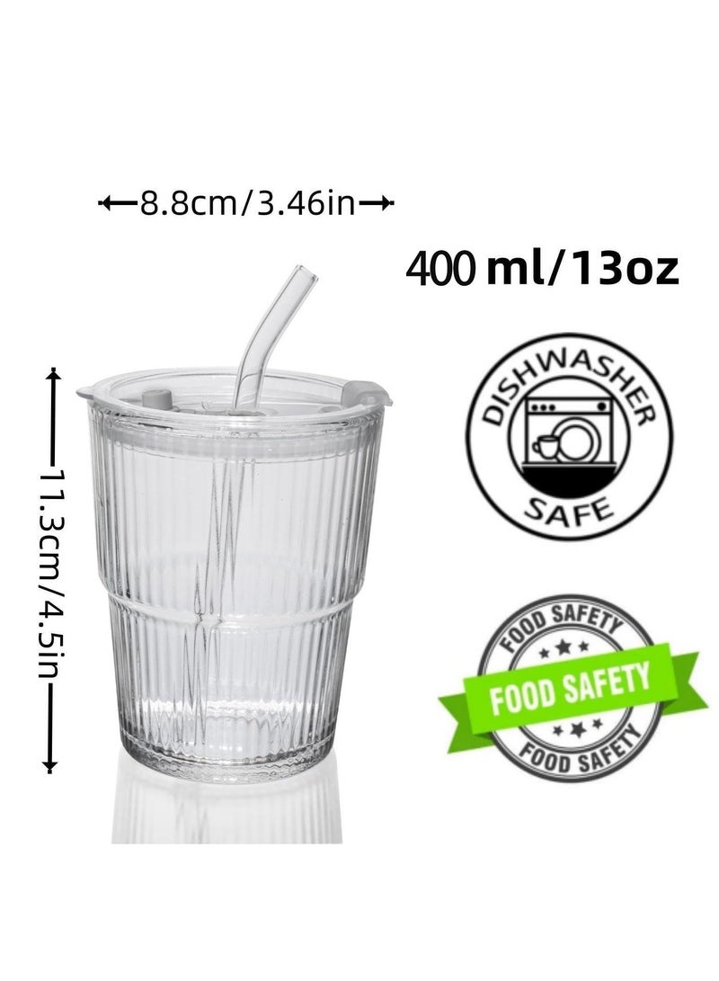 كوب زجاجي مقاهي مثلج بمساحة 13 أوز/400ML وكأس زجاجي بالحائط السميك ماء كوب زجاجي شاي مع القش وإيقاف التشغيل المغلق بإحكام (نظيف) - Image 2