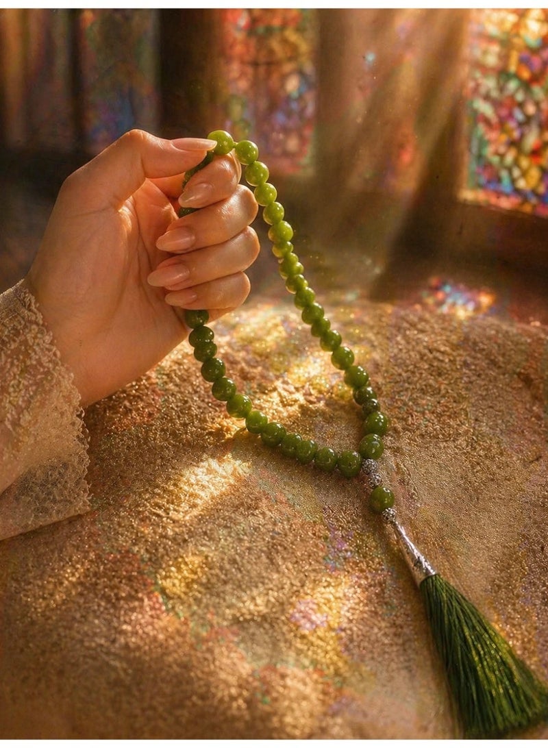 Slema Fresh Olive Green Crystal 33 Tashiha Prayer Beads Tasbih 12mm, Muslim Misbaha Rosary with Olive Green Tassel for Daily Dhikr & Eid Religious Gift - Image 5