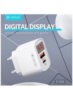 سليبرات شاحن سفر سريع بمنفذين C-H10-EU من سيليبرات مع كابل شحن من النوع C إلى Lightning وشاشة رقمية ذكية تناسب مختلف الأجهزة الذكية 20 وات - أبيض  - Image 2