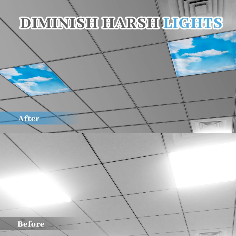 Baquler 2 Pcs 2 x 2 ft Fluorescent Light Covers for Ceiling Lights Classroom Magnetic Light Filters for Reducing Harsh Glare Flicker for Office Classroom Home Drop Ceiling(Cloud) - Image 3