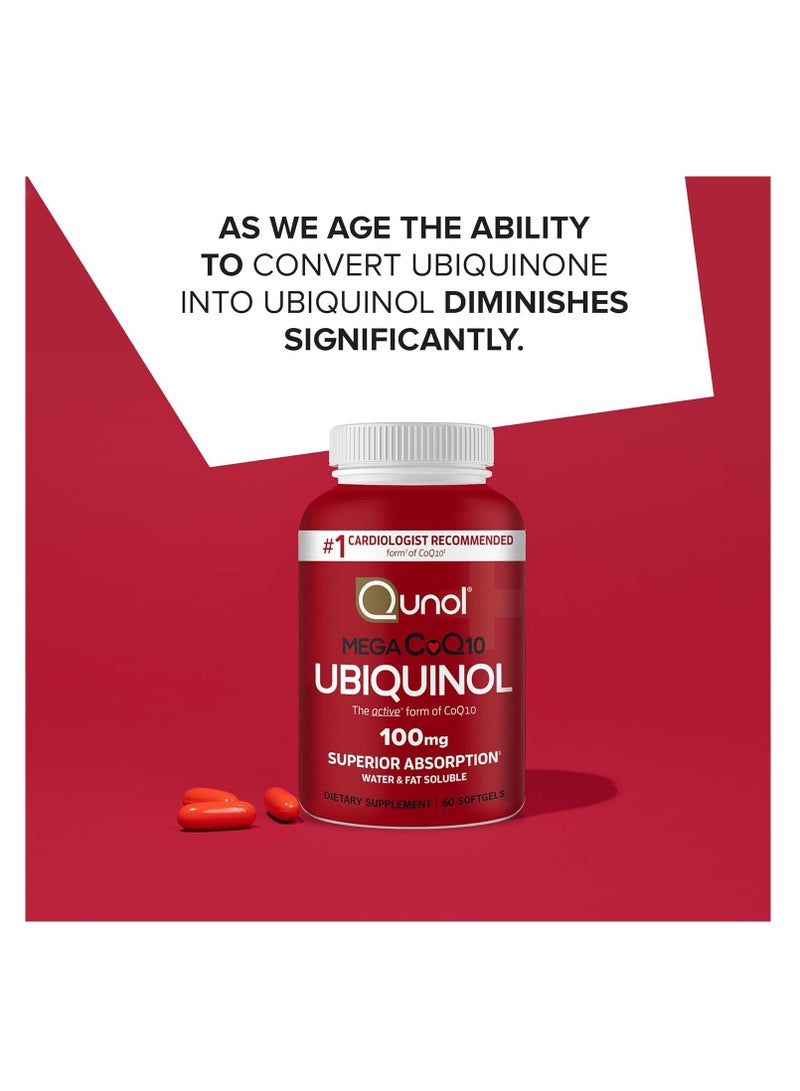 Qunol Mega CoQ10 Ubiquinol Supplement Superior Absorption Water and Fat Soluble 100 mg 60 Softgels - Image 2