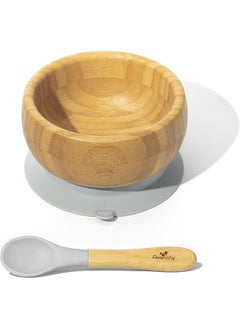 Avanchy Avanchy Bamboo Baby Bowl & Spoon - Baby Cutlery - Bamboo Kids Bowl - BPA Free Bowl - Bamboo Kids Utensils - Bamboo Baby Bowl and Spoons Set, Gray - 5" x 3  - Image 1