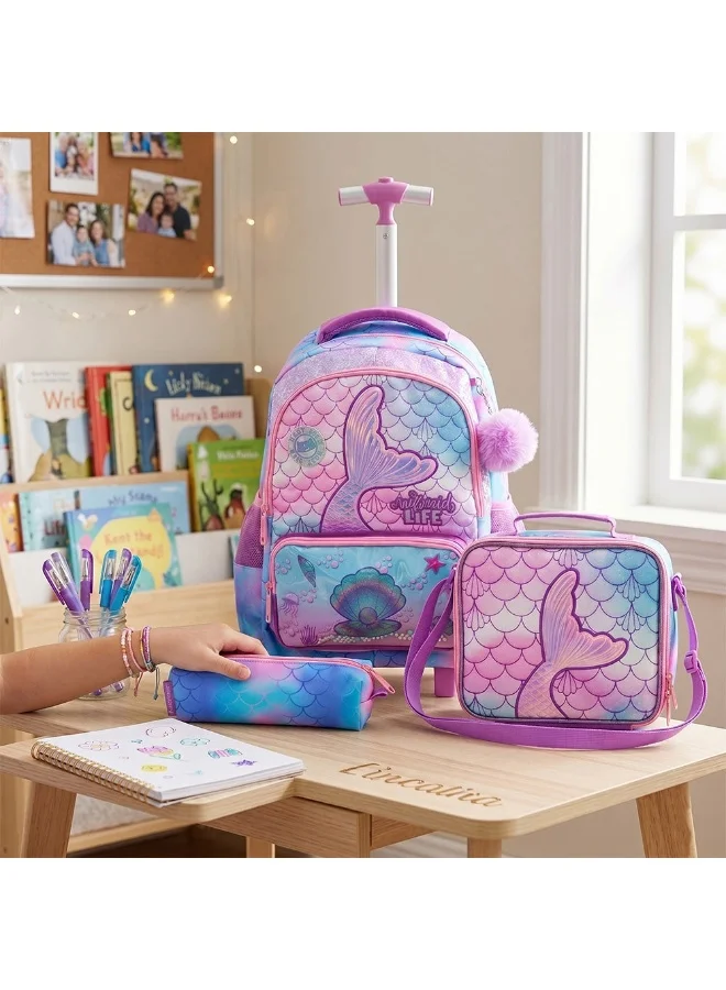 Eazy Kids Eazy Kids 17” 3-Piece Trolley School Backpack Set for Kids – Mermaid Design with Lunch Bag & Pencil Case, Purple