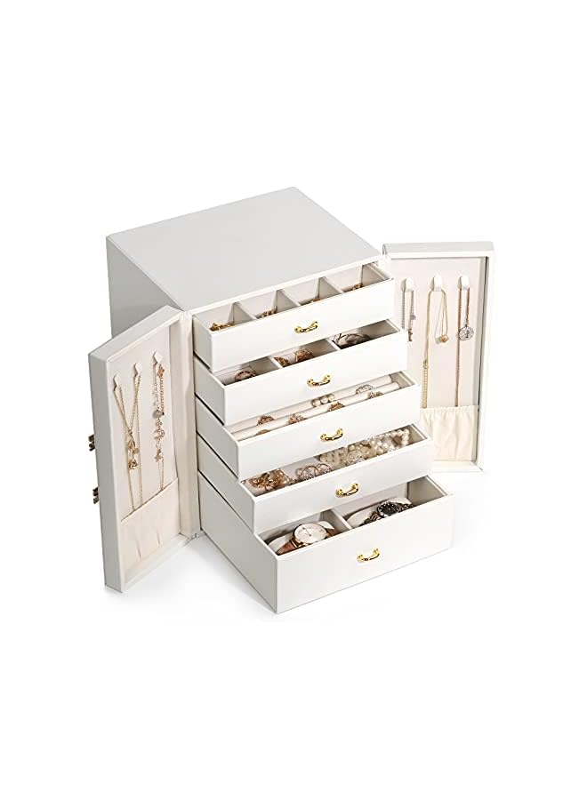 PROMASS Jewelry Boxes & Organizers, Large Jewelry Boxes Organizers with 5 Drawers Necklace Earring Ring Watches Bracelets Storage Case Leather Stand up Holder Gift for Women and Girls (white) - Image 2