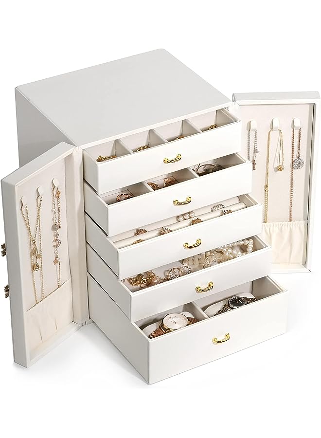 PROMASS Jewelry Boxes & Organizers, Large Jewelry Boxes Organizers with 5 Drawers Necklace Earring Ring Watches Bracelets Storage Case Leather Stand up Holder Gift for Women and Girls (white) - Image 1