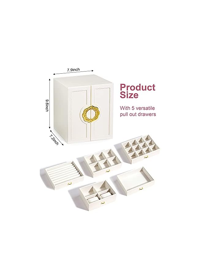PROMASS Jewelry Boxes & Organizers, Large Jewelry Boxes Organizers with 5 Drawers Necklace Earring Ring Watches Bracelets Storage Case Leather Stand up Holder Gift for Women and Girls (white) - Image 3