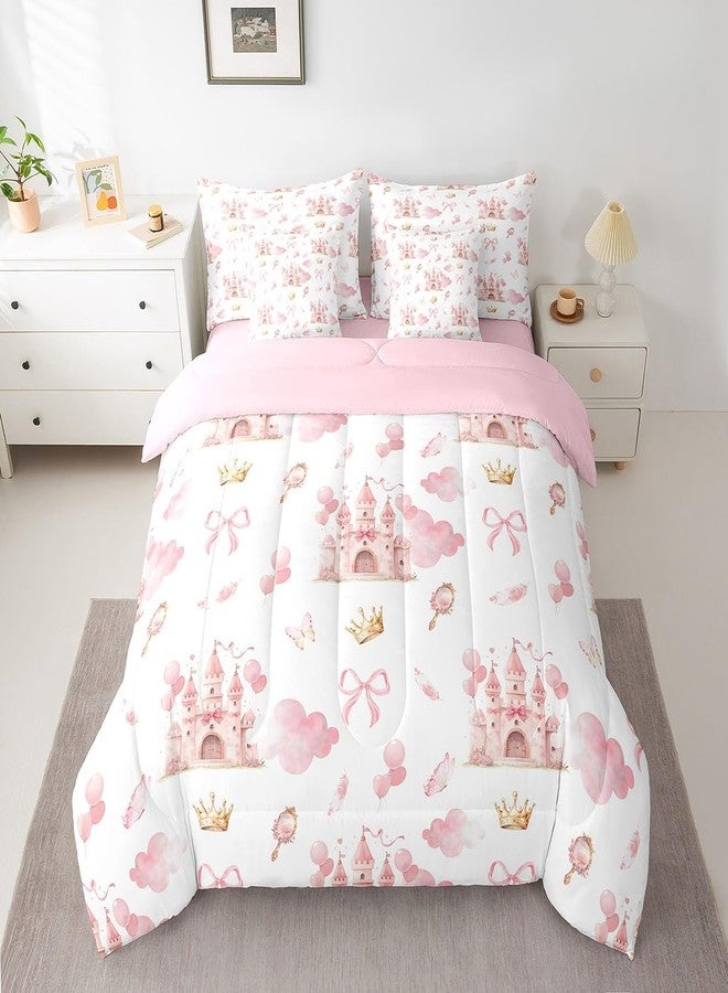 Feelyou Kids Pink Castle Bed in A Bag Twin Size, Cute Bowknot Comforter Set with Sheets Boys Girls Girls Dreamy House Bed in A Bag 7 Pieces Fairytale Teens Bedroom Decor 7Pcs - Image 2