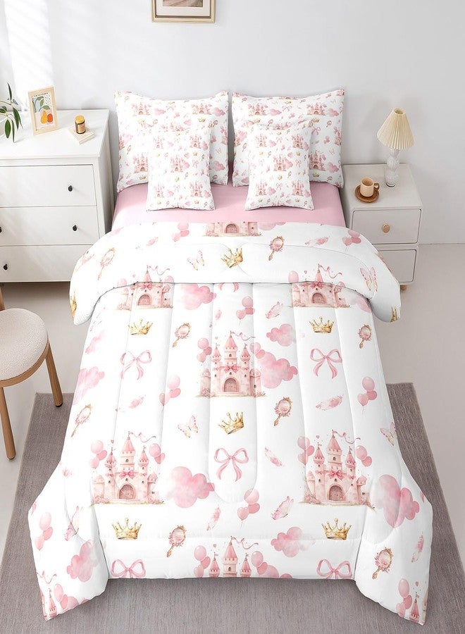 Feelyou Kids Pink Castle Bed in A Bag Twin Size, Cute Bowknot Comforter Set with Sheets Boys Girls Girls Dreamy House Bed in A Bag 7 Pieces Fairytale Teens Bedroom Decor 7Pcs - Image 1