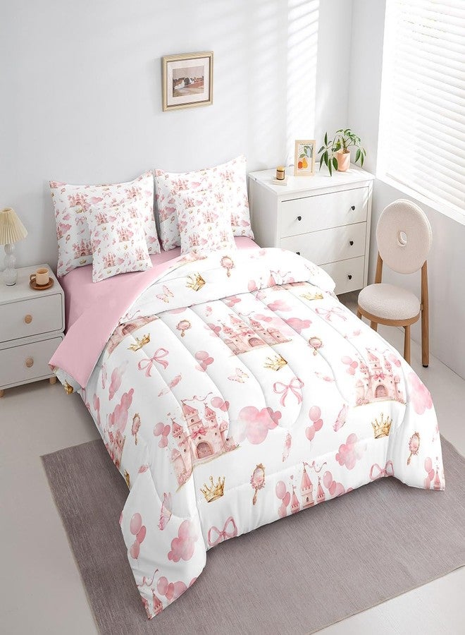Feelyou Kids Pink Castle Bed in A Bag Twin Size, Cute Bowknot Comforter Set with Sheets Boys Girls Girls Dreamy House Bed in A Bag 7 Pieces Fairytale Teens Bedroom Decor 7Pcs - Image 3