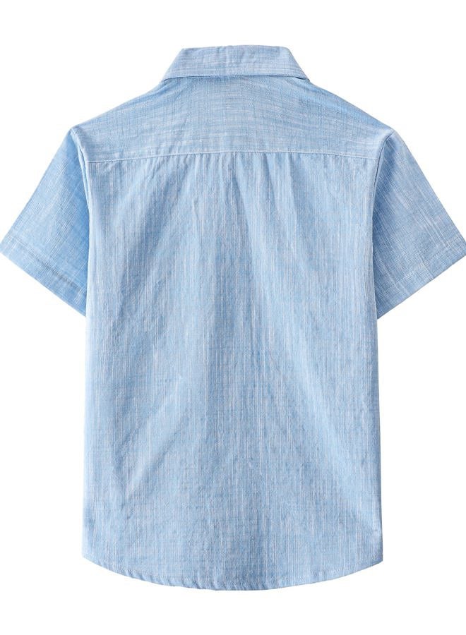 JOGAL Boys Chambray Shirts Short Sleeve Button Down Casual Cotton Woven Shirt with Two Pockets for Kids 6-14 Years, Skyblue, 9-10 Years - Image 2