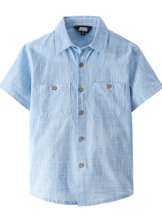 JOGAL Boys Chambray Shirts Short Sleeve Button Down Casual Cotton Woven Shirt with Two Pockets for Kids 6-14 Years, Skyblue, 9-10 Years - Image 1