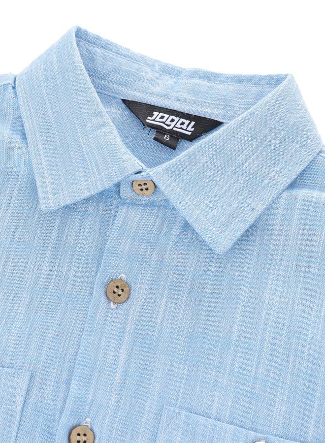 JOGAL Boys Chambray Shirts Short Sleeve Button Down Casual Cotton Woven Shirt with Two Pockets for Kids 6-14 Years, Skyblue, 9-10 Years - Image 3