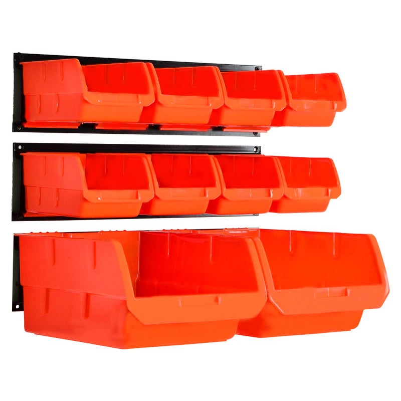 Wallmaster Wall Mounted Storage Bins, Wall Storage Bins Parts Rack 10 Bins&3 Rails Wall Mount Tool Organizer Hardware Storage Organizer (Orange) - Image 2