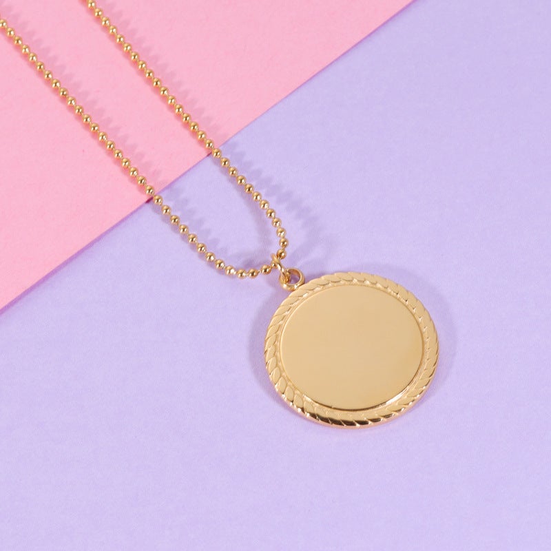 Generic Foreign trade hot selling mirror stainless steel geometric lace necklace pendant round glossy laser logo necklace 18k gold plating in furnace (MP097) 