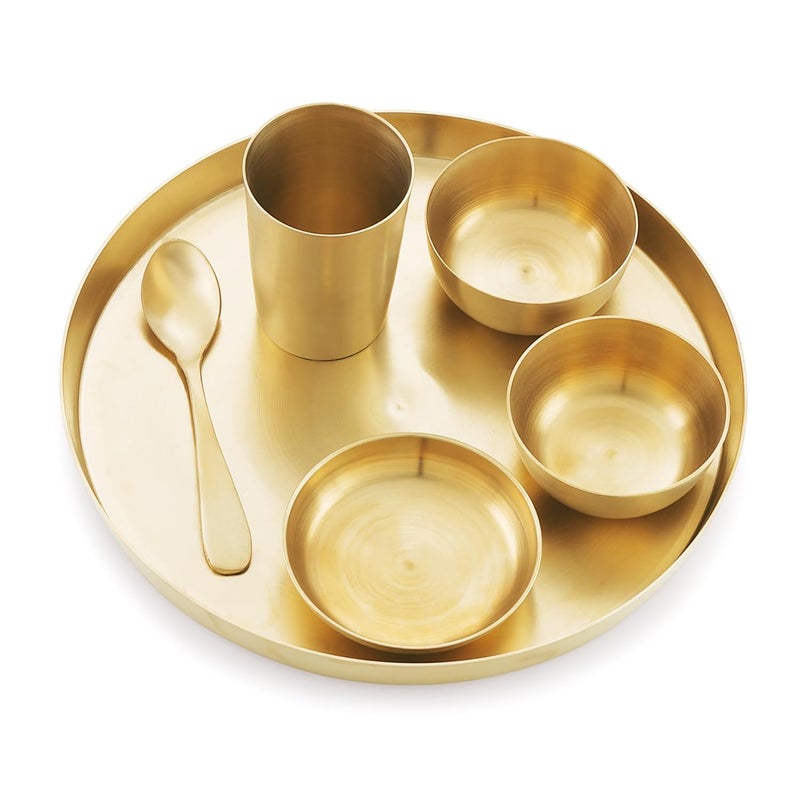 ATTRO Satvik Kansa Bhojan Set Traditional Indian Dining Kit with Thali Glass Wati Sweet Dish Spoon Ayurvedic Kansa Dinner Set for Healthier Living Perfect for Sattvic LifestyleMatt Gold - Image 1