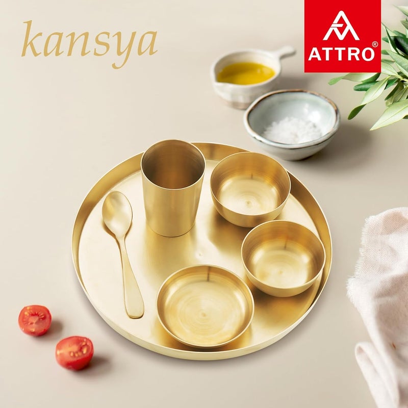 ATTRO Satvik Kansa Bhojan Set Traditional Indian Dining Kit with Thali Glass Wati Sweet Dish Spoon Ayurvedic Kansa Dinner Set for Healthier Living Perfect for Sattvic LifestyleMatt Gold - Image 4