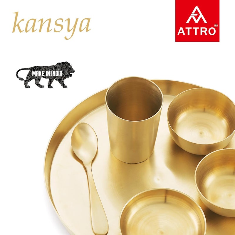 ATTRO Satvik Kansa Bhojan Set Traditional Indian Dining Kit with Thali Glass Wati Sweet Dish Spoon Ayurvedic Kansa Dinner Set for Healthier Living Perfect for Sattvic LifestyleMatt Gold - Image 3