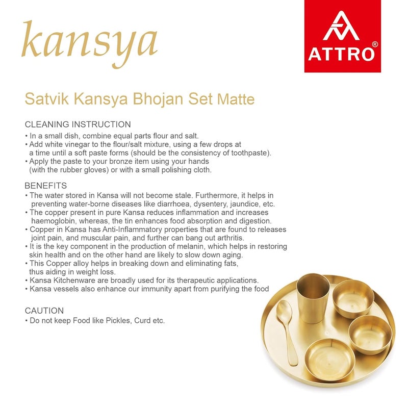 ATTRO Satvik Kansa Bhojan Set Traditional Indian Dining Kit with Thali Glass Wati Sweet Dish Spoon Ayurvedic Kansa Dinner Set for Healthier Living Perfect for Sattvic LifestyleMatt Gold - Image 2
