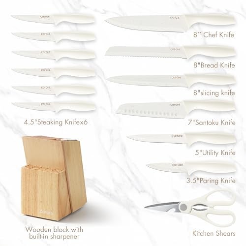 CAROTE 15Piece Knife Set, Kitchen Knife Block Set, Elegant White Ceramic-Coated Blades with Stylish Wooden Block for Modern Culinary Excellence - Image 2