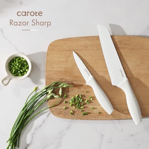 CAROTE 15Piece Knife Set, Kitchen Knife Block Set, Elegant White Ceramic-Coated Blades with Stylish Wooden Block for Modern Culinary Excellence - Image 5