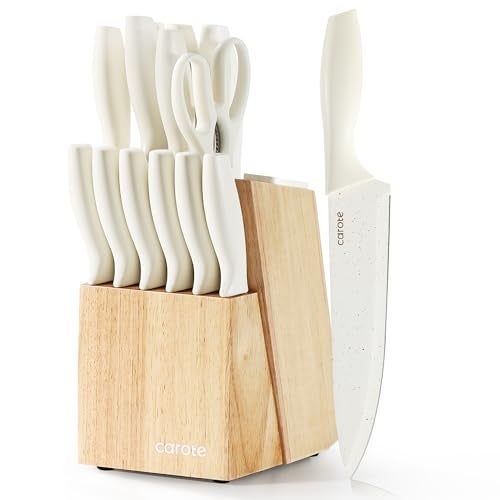 CAROTE 15Piece Knife Set, Kitchen Knife Block Set, Elegant White Ceramic-Coated Blades with Stylish Wooden Block for Modern Culinary Excellence - Image 1