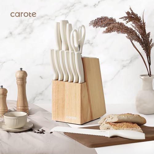 CAROTE 15Piece Knife Set, Kitchen Knife Block Set, Elegant White Ceramic-Coated Blades with Stylish Wooden Block for Modern Culinary Excellence - Image 3