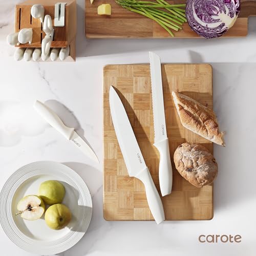 CAROTE 15Piece Knife Set, Kitchen Knife Block Set, Elegant White Ceramic-Coated Blades with Stylish Wooden Block for Modern Culinary Excellence - Image 4