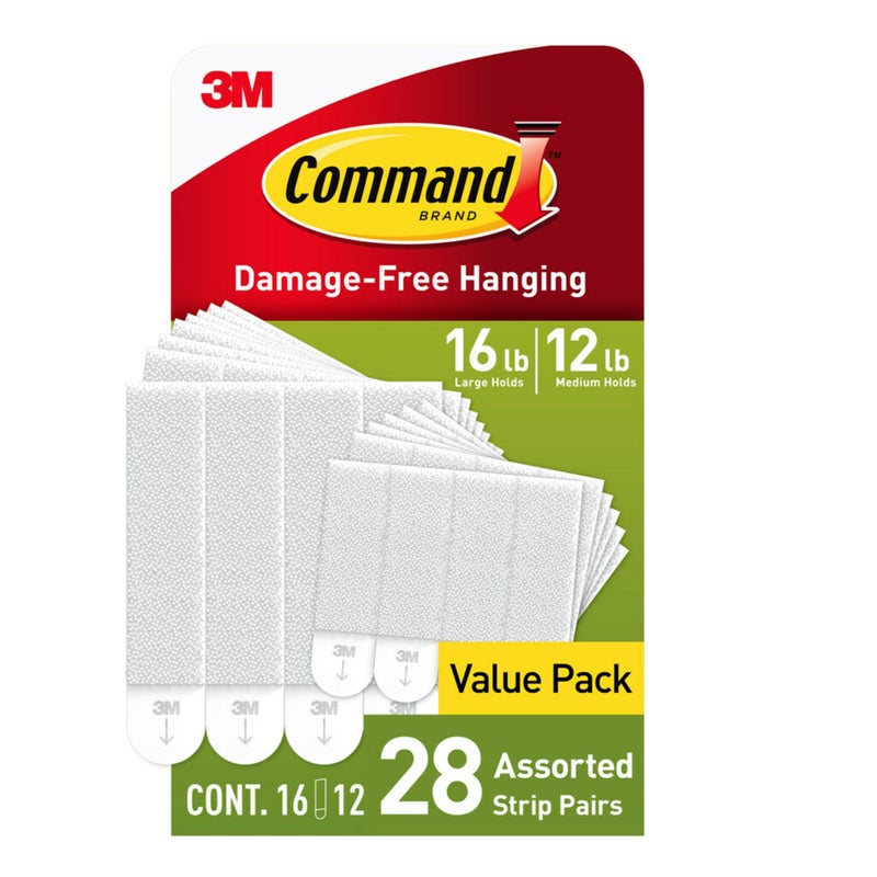 Command 15 lb & 10 lb Large and Medium Picture Hanging Strips 28 Assorted Pairs (56 Command Strips), Damage-Free Hanging Picture Hangers, Great for Home Decor, White Adhesive - Image 1
