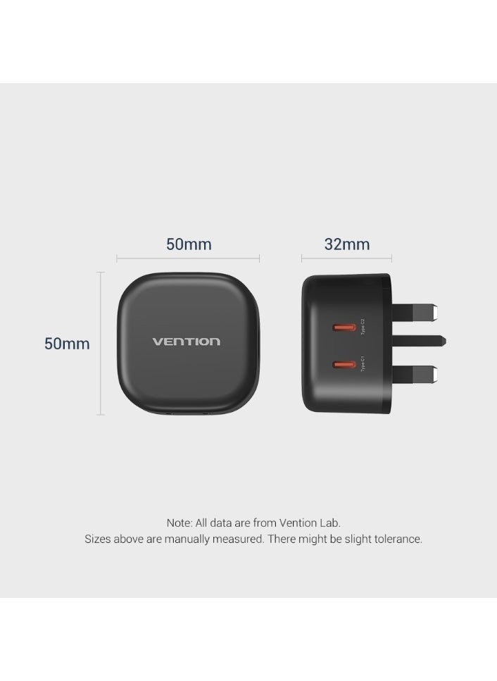 فينشن شاحن VENTION ثنائي المنافذ USB (C + C) GaN (45 واط/45 واط) قابس المملكة المتحدة أسود رقم الموديل FESB0-UK  - Image 2