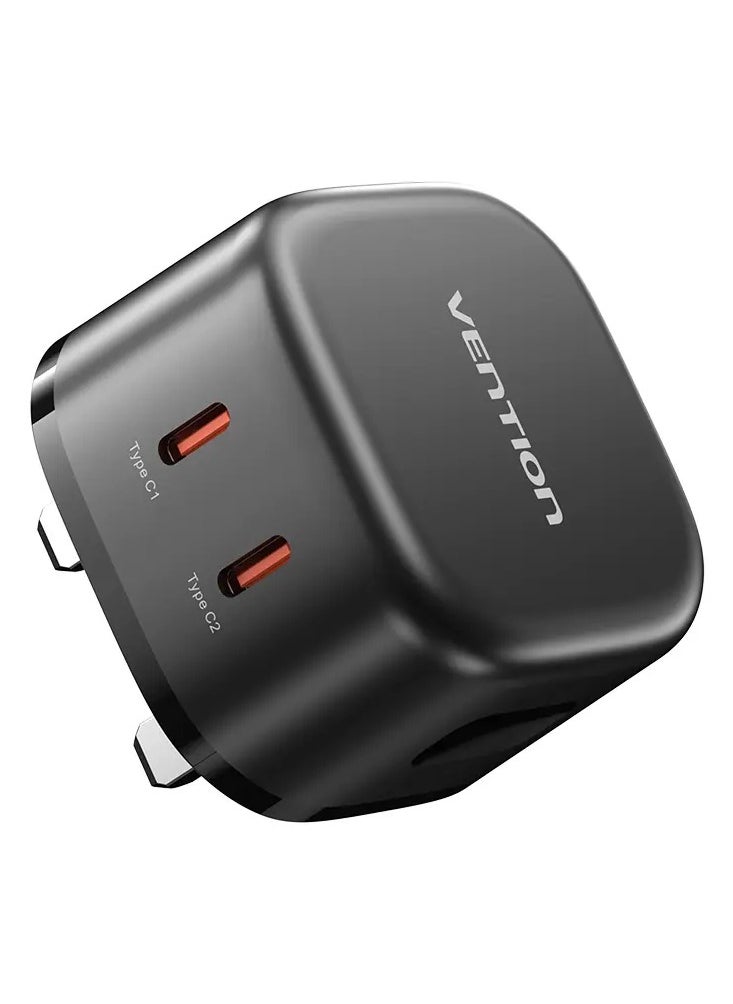 فينشن شاحن VENTION ثنائي المنافذ USB (C + C) GaN (45 واط/45 واط) قابس المملكة المتحدة أسود رقم الموديل FESB0-UK  - Image 1