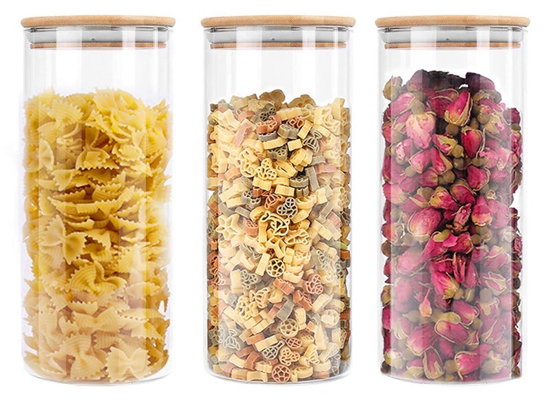 TIENER 3x1400ml Glass Cylinder Airtight Food Storage Container Canister Jar with Bamboo Lid & Silicone Sealing Ring - Image 2
