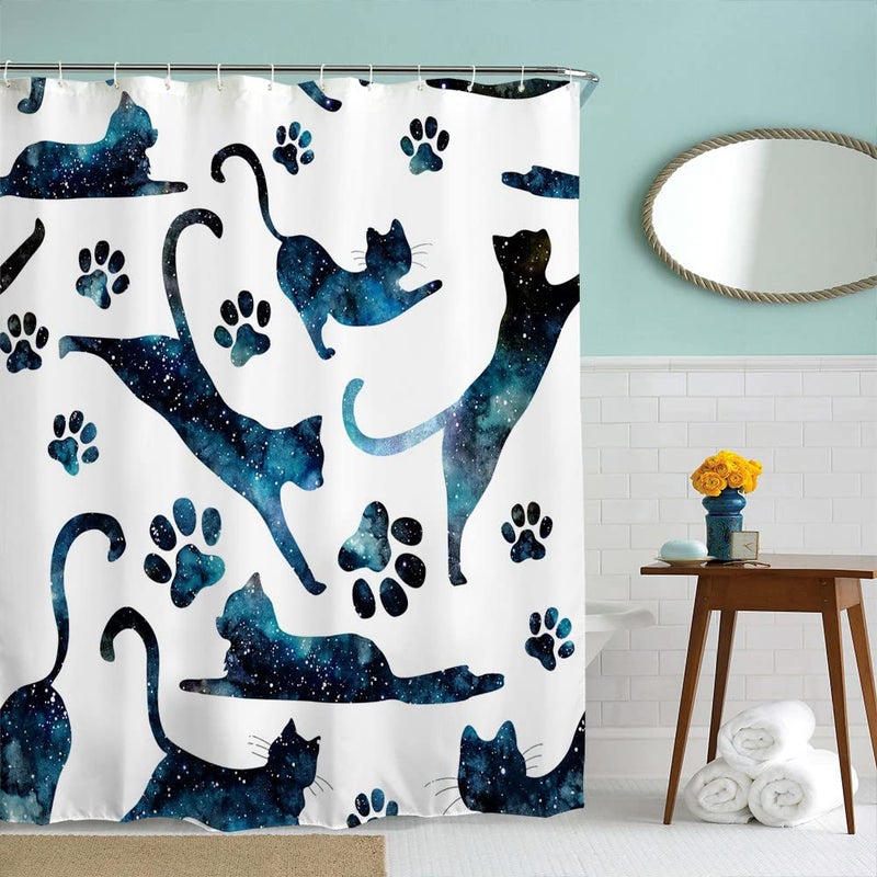 IcosaMro Cats Shower Curtain for Bathroom with 12 Hooks Starry Night Cloth Bath Decor Long Fabric Waterproof 71x72 Inches Space Blue