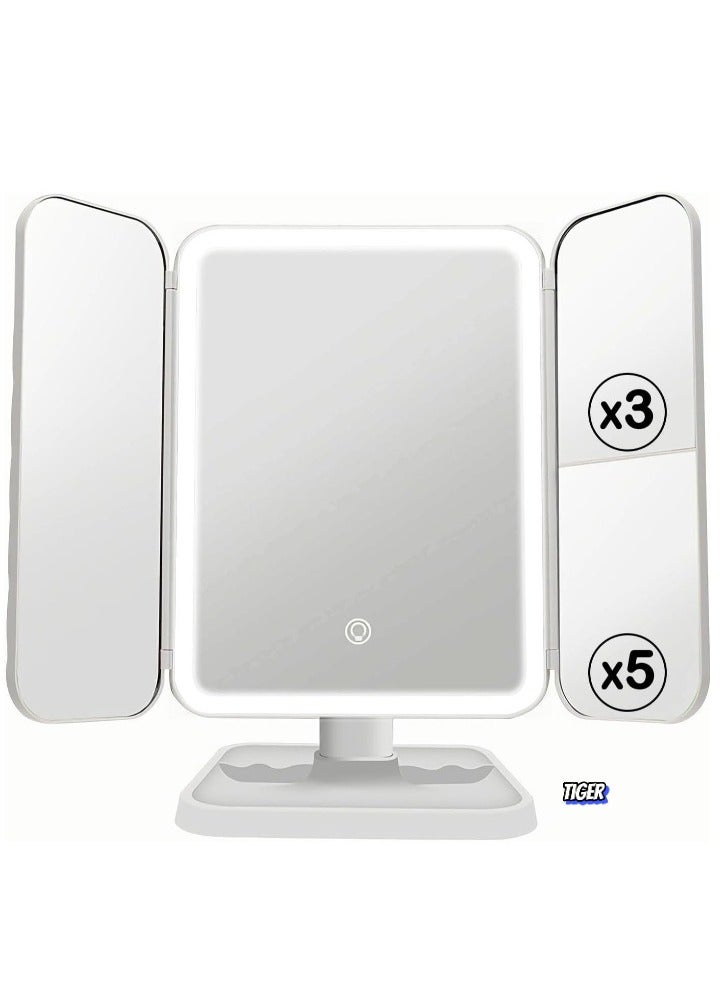 TIGER 3-Fold Lighted Makeup Mirror with 5X/3X/1X Magnification – 52 LED Lights, Touch Screen Control, 180° Adjustable Rotation, Portable & Foldable Vanity Mirror for Perfect Makeup and Skincare - Image 2