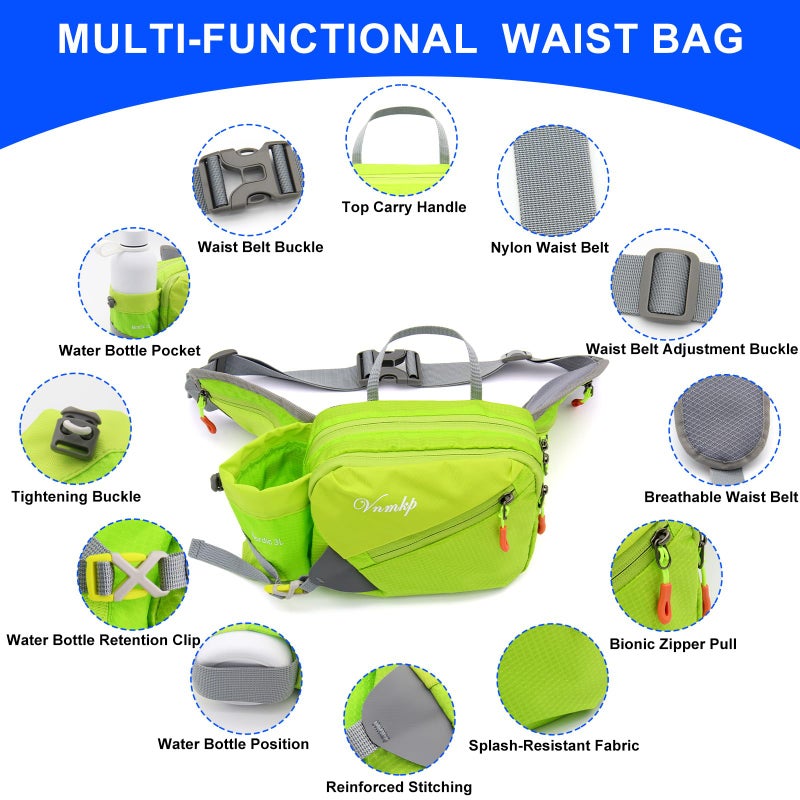 Vnmkp Waist Pack with Water Bottle Holder for Men and Women for Running Climbing Hiking Fitness Cycling and Other Outdoor Sports (Green) - Image 4
