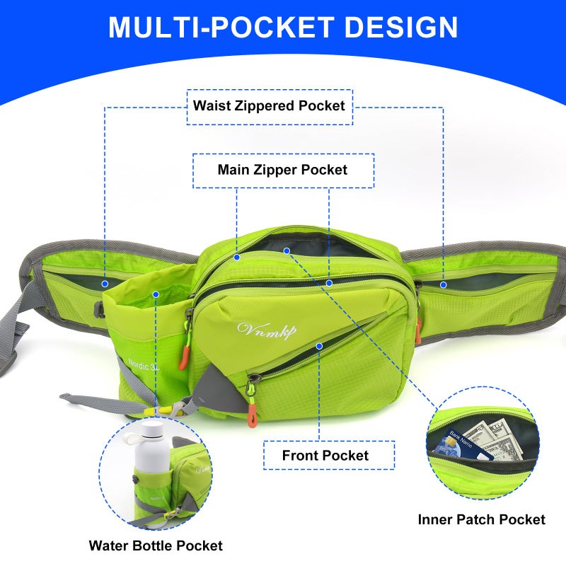 Vnmkp Waist Pack with Water Bottle Holder for Men and Women for Running Climbing Hiking Fitness Cycling and Other Outdoor Sports (Green) - Image 3