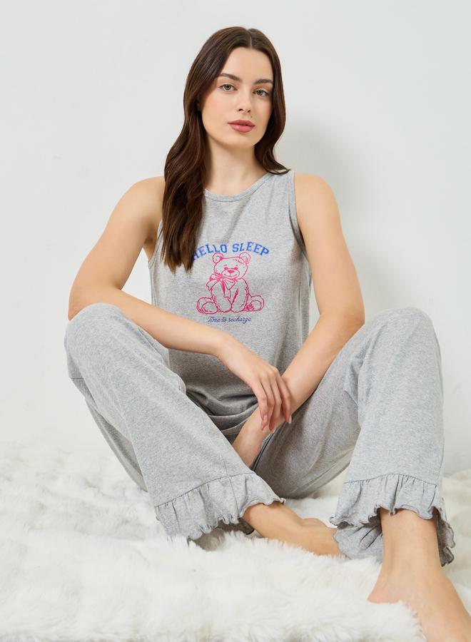 Styli Women Teddy Print Vest and Ruffle Hem Pyjama Set - Image 1