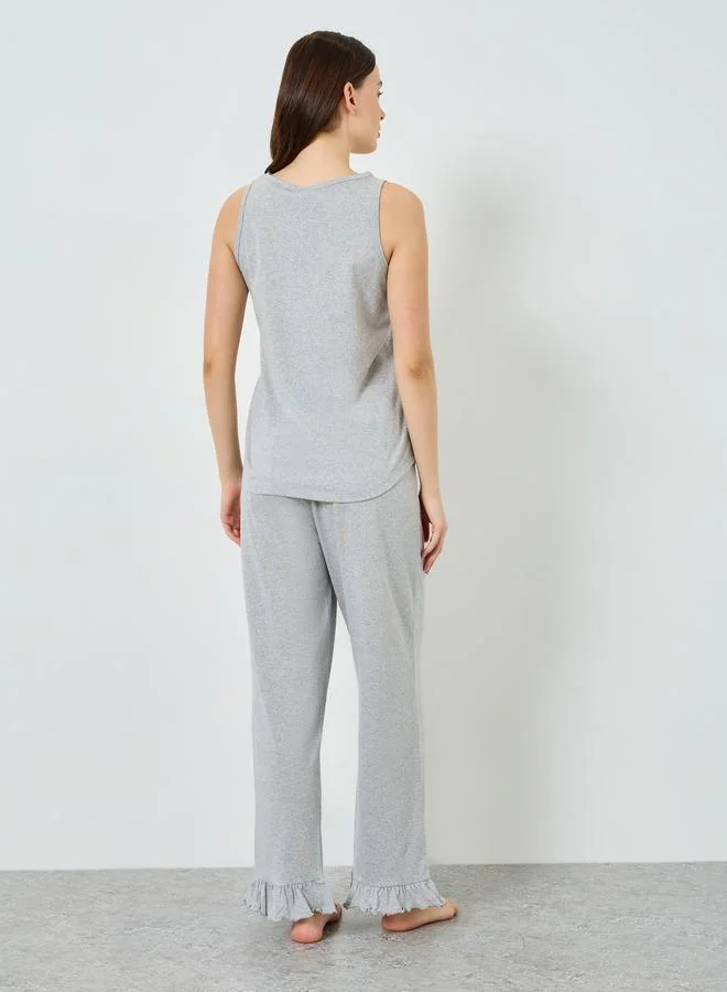 Styli grey Women Teddy Print Vest and Ruffle Hem Pyjama Set for Women | Best Price UAE