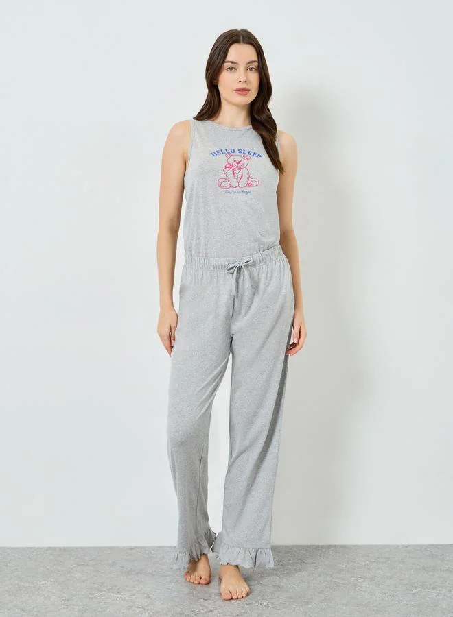 Styli grey Women Teddy Print Vest and Ruffle Hem Pyjama Set for Women | Best Price UAE