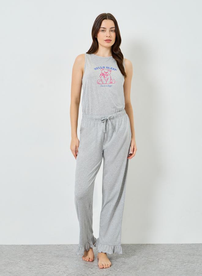 Styli Women Teddy Print Vest and Ruffle Hem Pyjama Set - Image 5