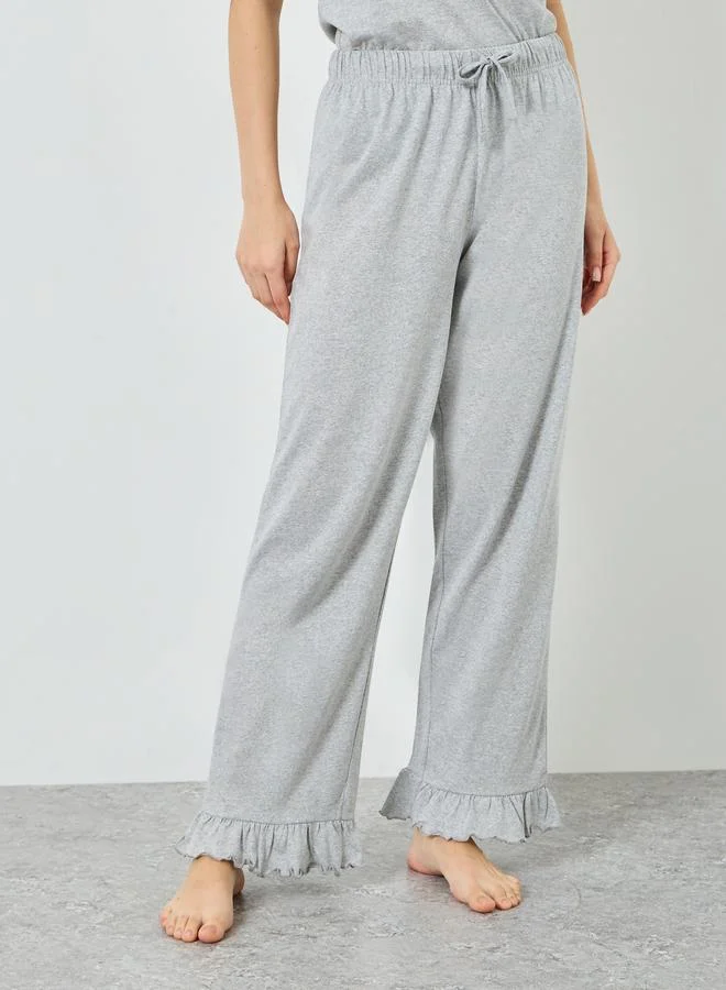 Styli grey Women Teddy Print Vest and Ruffle Hem Pyjama Set for Women | Best Price UAE