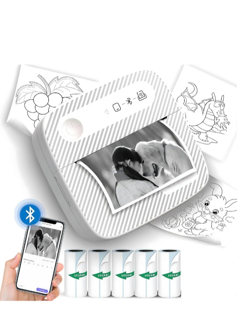 Portable Striped Wireless Printer, Mini Pocket Bluetooth Thermal Printer with 5 Rolls of Thermal Paper, Label and Photo Printer, Sticker Maker, Suitable for Office Organization, Home Kitchen, and School. Compatible with Android and iOS Smartphones, Can Print Labels, Receipts, Photos, Notes, and Memos - Image 1