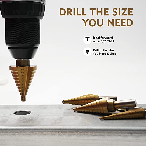 GMTOOLS 6 Pcs Step Drill Bit Set, High Speed Steel Unibit Drill Bits, Stepped Up Bits & Automatic Center Punch for Sheet Metal, DIY Lovers with Aluminum Caes, Total 50 Sizes for Multiple Hole - Image 4
