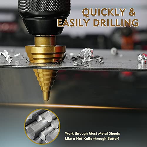 GMTOOLS 6 Pcs Step Drill Bit Set, High Speed Steel Unibit Drill Bits, Stepped Up Bits & Automatic Center Punch for Sheet Metal, DIY Lovers with Aluminum Caes, Total 50 Sizes for Multiple Hole - Image 5