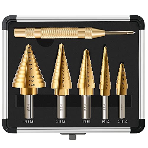 GMTOOLS 6 Pcs Step Drill Bit Set, High Speed Steel Unibit Drill Bits, Stepped Up Bits & Automatic Center Punch for Sheet Metal, DIY Lovers with Aluminum Caes, Total 50 Sizes for Multiple Hole - Image 1