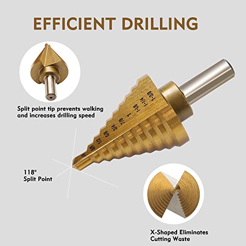 GMTOOLS 6 Pcs Step Drill Bit Set, High Speed Steel Unibit Drill Bits, Stepped Up Bits & Automatic Center Punch for Sheet Metal, DIY Lovers with Aluminum Caes, Total 50 Sizes for Multiple Hole - Image 3