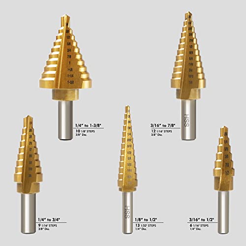 GMTOOLS 6 Pcs Step Drill Bit Set, High Speed Steel Unibit Drill Bits, Stepped Up Bits & Automatic Center Punch for Sheet Metal, DIY Lovers with Aluminum Caes, Total 50 Sizes for Multiple Hole - Image 2